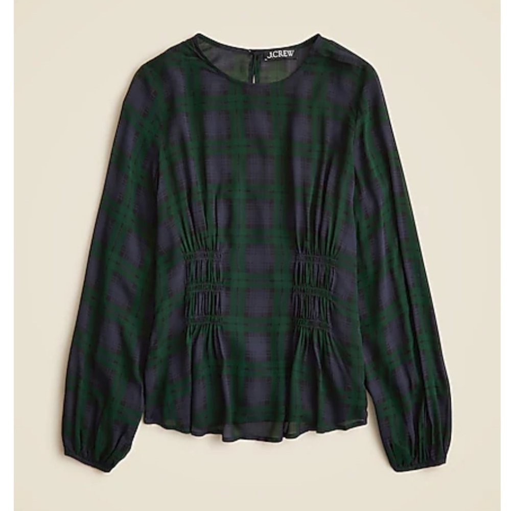 J Crew Chiffon shirred-waist top in Black Watch tartan